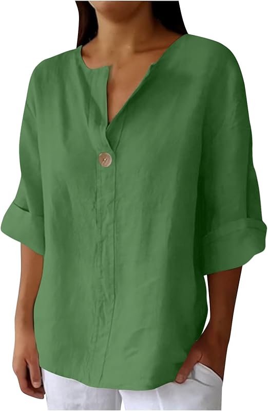 Chemise en Lin Femme Été Manche 7/8 Chemisier Coton et Lin pour Femmes