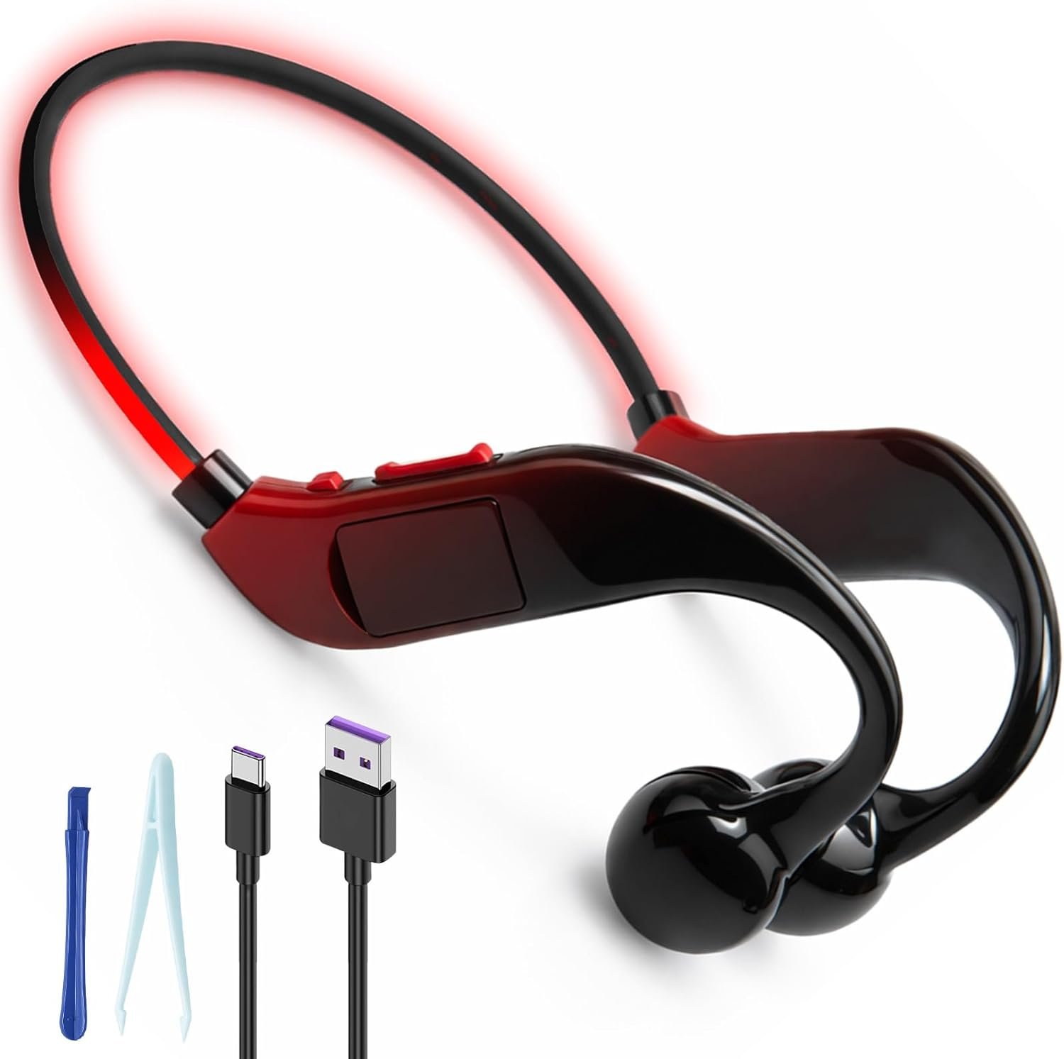 Casque Conduction Osseuse Bluetooth 5.4 Étanche IPX5 avec Mémoire MP3 32 Go, Écouteurs Sport Sans Fil à Écoute Ouverte avec Micro, Autonomie Longue Durée et Faisceau Lumineux