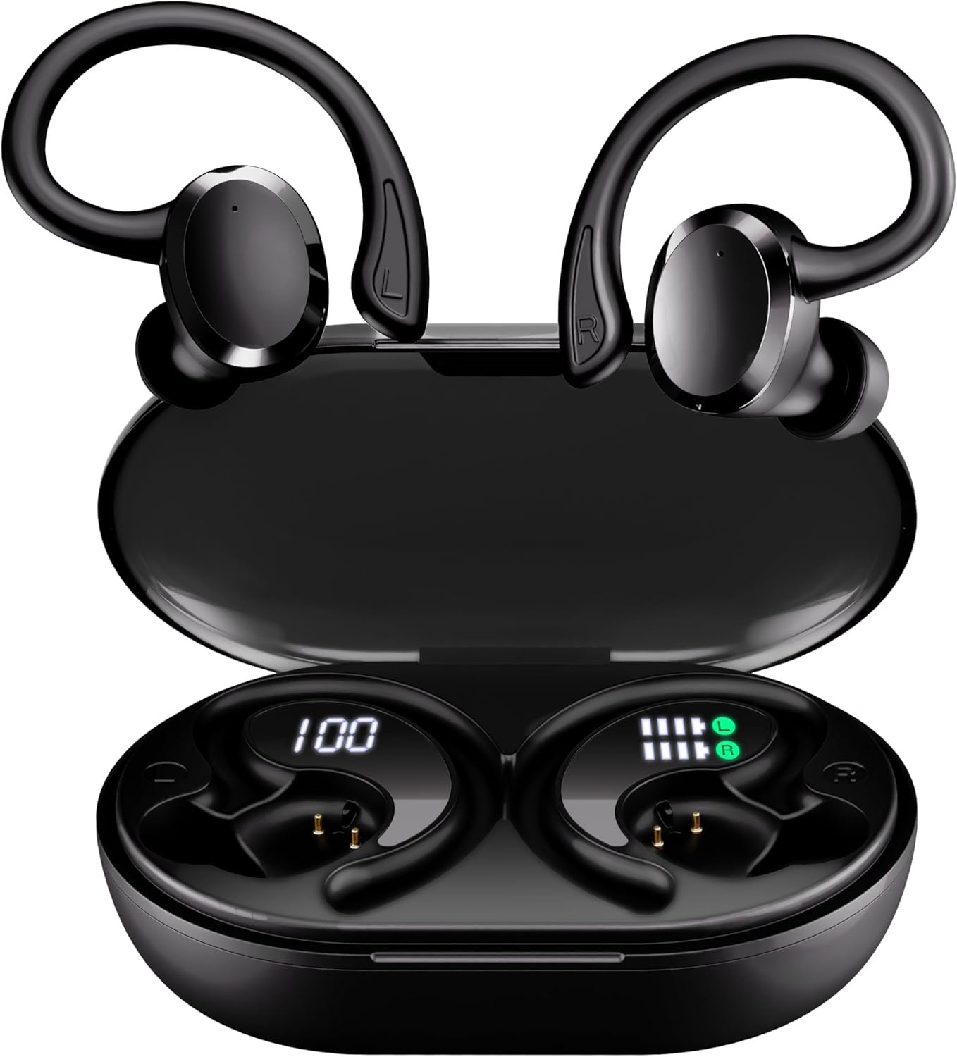 Écouteurs Bluetooth sans Fil Sport avec Crochets d’Oreille, Maintien Sécurisé Running et Fitness, 56H d’Autonomie, Appels clairs avec ENC, Résistance à l’Eau IPX5, Écran LED, Commandes Tactiles