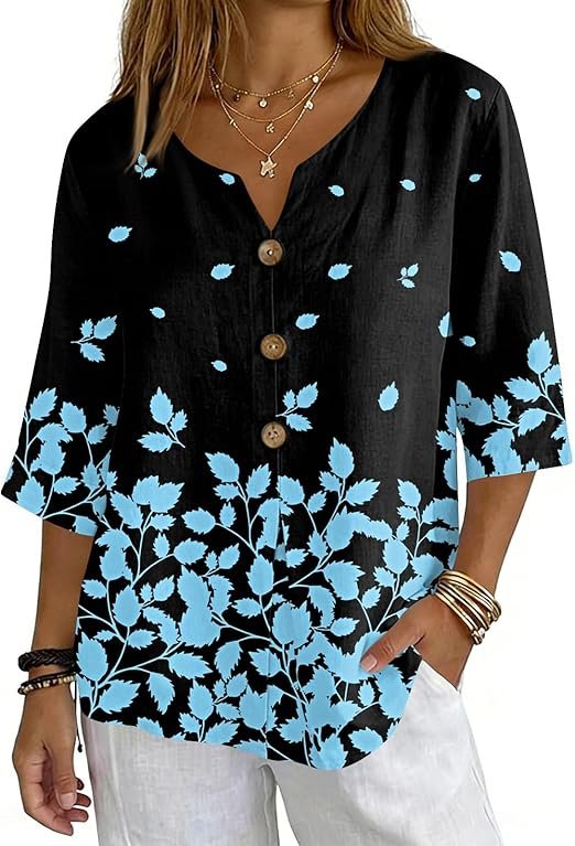 Chemiser Coton Et Lin Femme Chic Et Élégant Imprimé Coton Lin Chemise Henley Bouton Tee Shirt Manches Longues Col en V T-Shirts Boho Respirant Tunique Ample Rétro Blouse Grande Taille Chemisier 4,5 4,5 sur 5 étoiles (2)