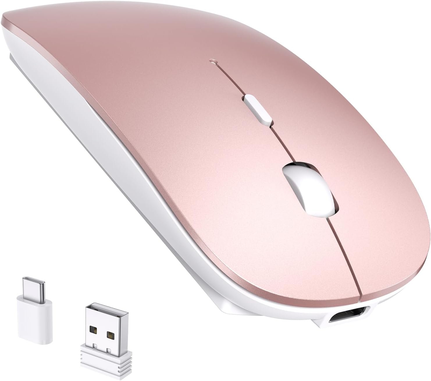 Souris sans Fil USB C+USB A, Souris sans Fil Silencieuse Rechargeable, Magic Mouse 2.4GHz Ultra-Mince avec 2 Récepteurs pour Mac, MacBook Air/Pro, PC, Laptop-Rose
