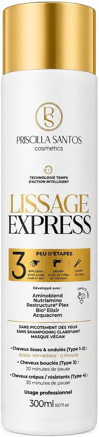 Lissage Express - Tenue jusqu’à 1 an - Lissage Brésilien Professionnel Sans Rinçage – Cheveux Lisses Rapidement en peu d'étapes – Sans Formol - Formule enrichie en actifs hautement nutritifs - 300ml
