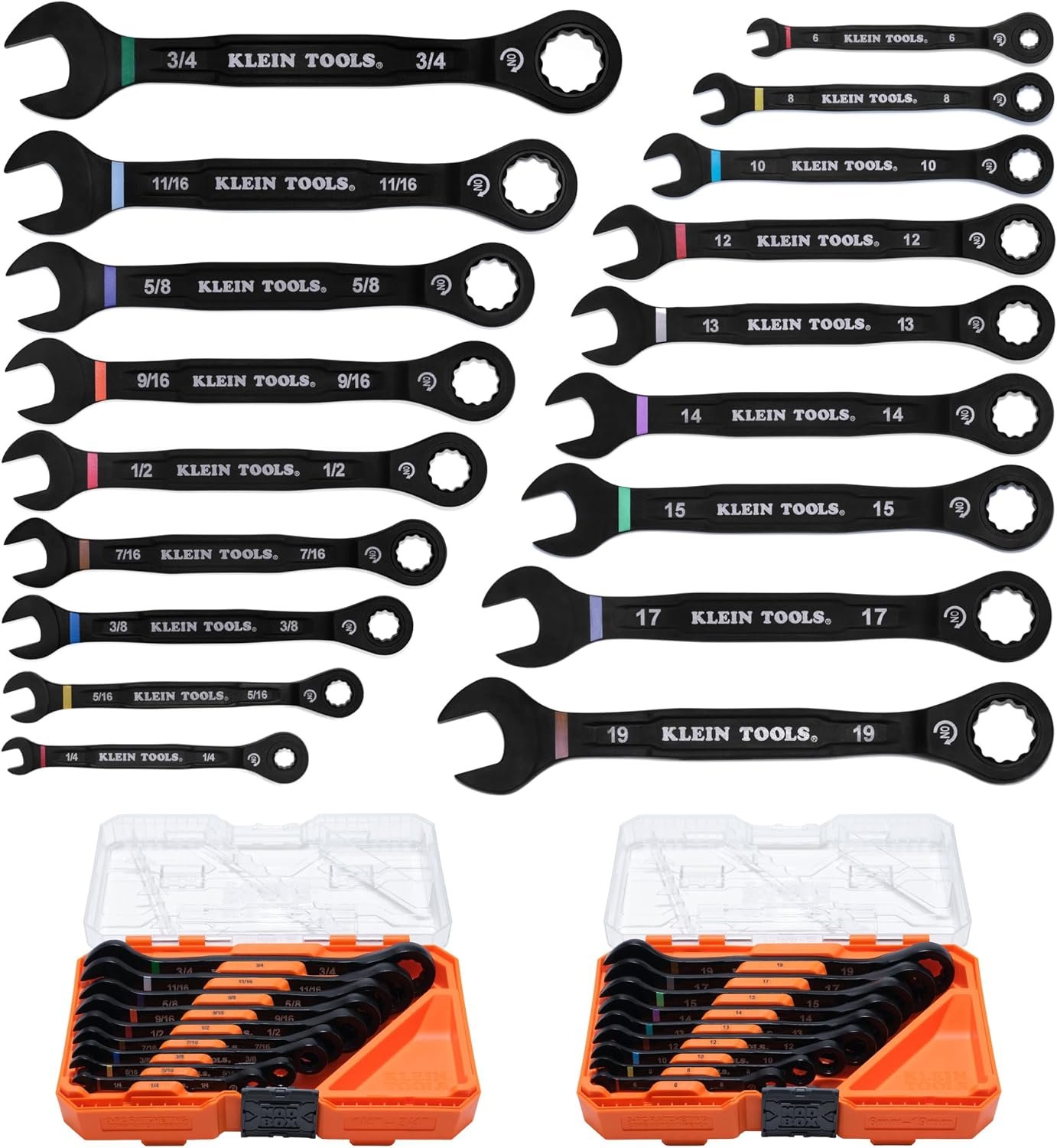 KLEIN TOOLS 69418CG 18-Piece Combination Ratcheting Wrench Set, SAE 1/4 to 3/4-Inch and Metric 6 to 19 mm, 90-Tooth Ratchet, MODbox Compatible, Color-Coded Sizes