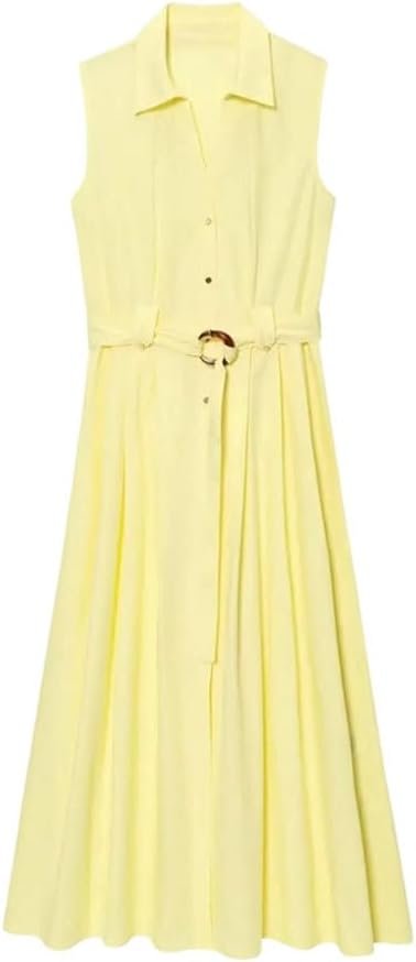Femmes Sans Manches Lapel Solide Élégante Midi Robe Single-Breasted Ceinture Slim Casual Robe D'affaires