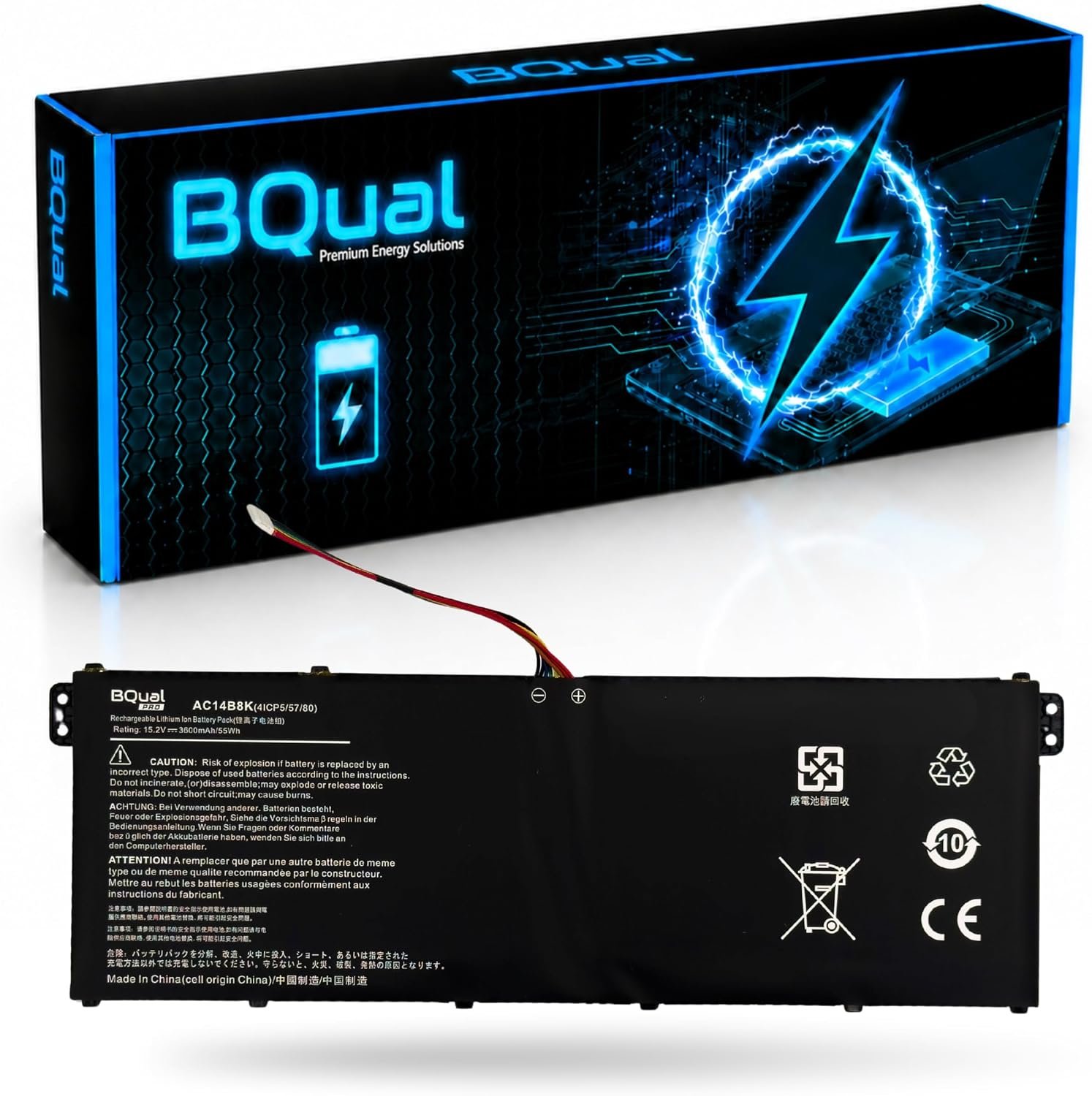 Batterie pour Ordinateur Portable BQual AC14B3K AC14B7K AC14B8K Compatible Acer - Batterie de Remplacement Li-ION 15,2 V 3600 mAh / 55 Wh, Noire, Haute Performance