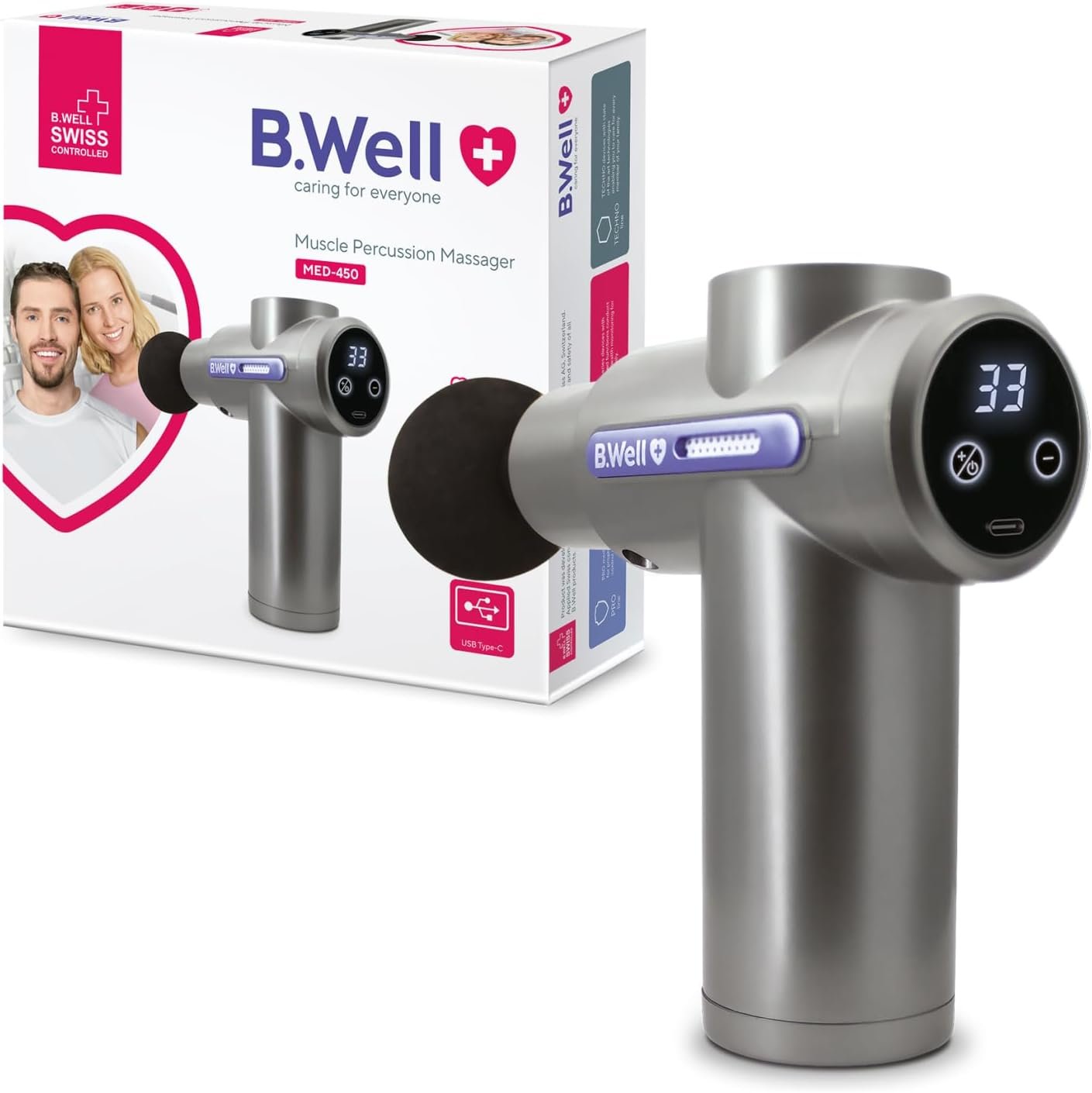 Pistolet de Massage Électrique à Percussion MED-450-33 Vitesses, 4 Têtes Interchangeables, pour Dos, Nuque, Épaules, Silencieux, 4h Autonomie, USB-C, Cadeau Femme & Homme