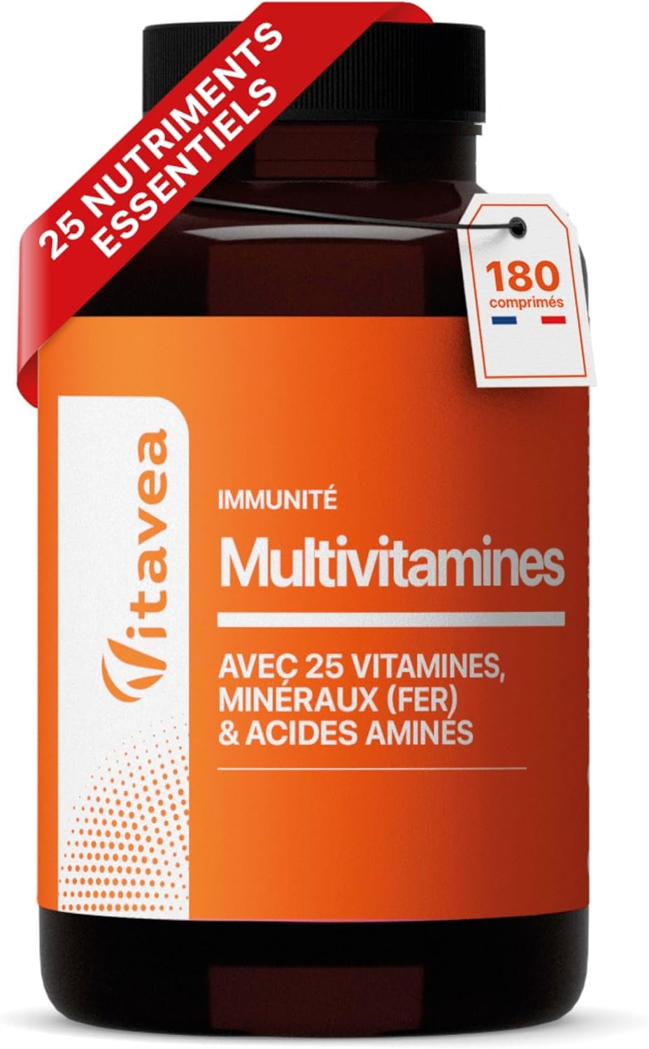 Multivitamines & Minéraux - 25 Nutriments Essentiels dont Vitamine A B C D E, Zinc et Fer - 4 Acides Aminés - 6 mois - Énergie, Fatigue & Immunité - 180 Comprimés - Fabriqué en France