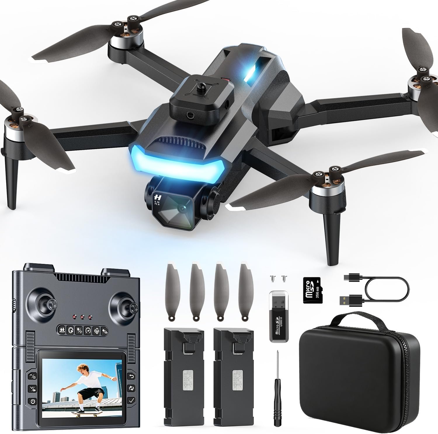 Drone Pliable avec Caméra 1080P et Écran HD 4,3″ pour Adultes et Débutants | Quadricoptère RC avec Moteur Brushless, Évitement d’Obstacles, Flux Optique, Maintien d’Altitude et 2 Batteries