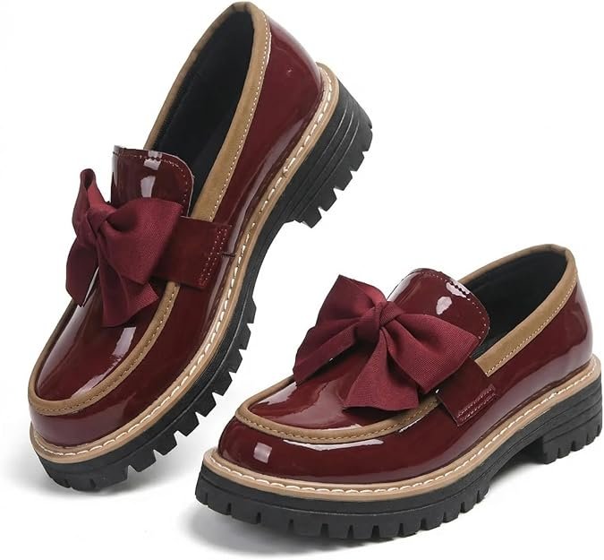Mocassins orthopédiques antidérapants en cuir verni à gros talons pour femme avec nœud et semelle épaisse, chaussures plates élégantes et décontractées pour femme