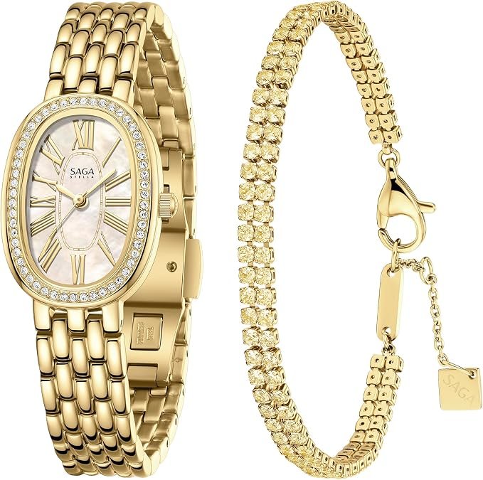 SAGA Women's Luxury Watch & Crystal Bracelet Set - Oval Mother of Pearl Dial Roman Numerals, Swiss Quartz, 3ATM Water Resistant - Elegant Two-Piece Gift Set