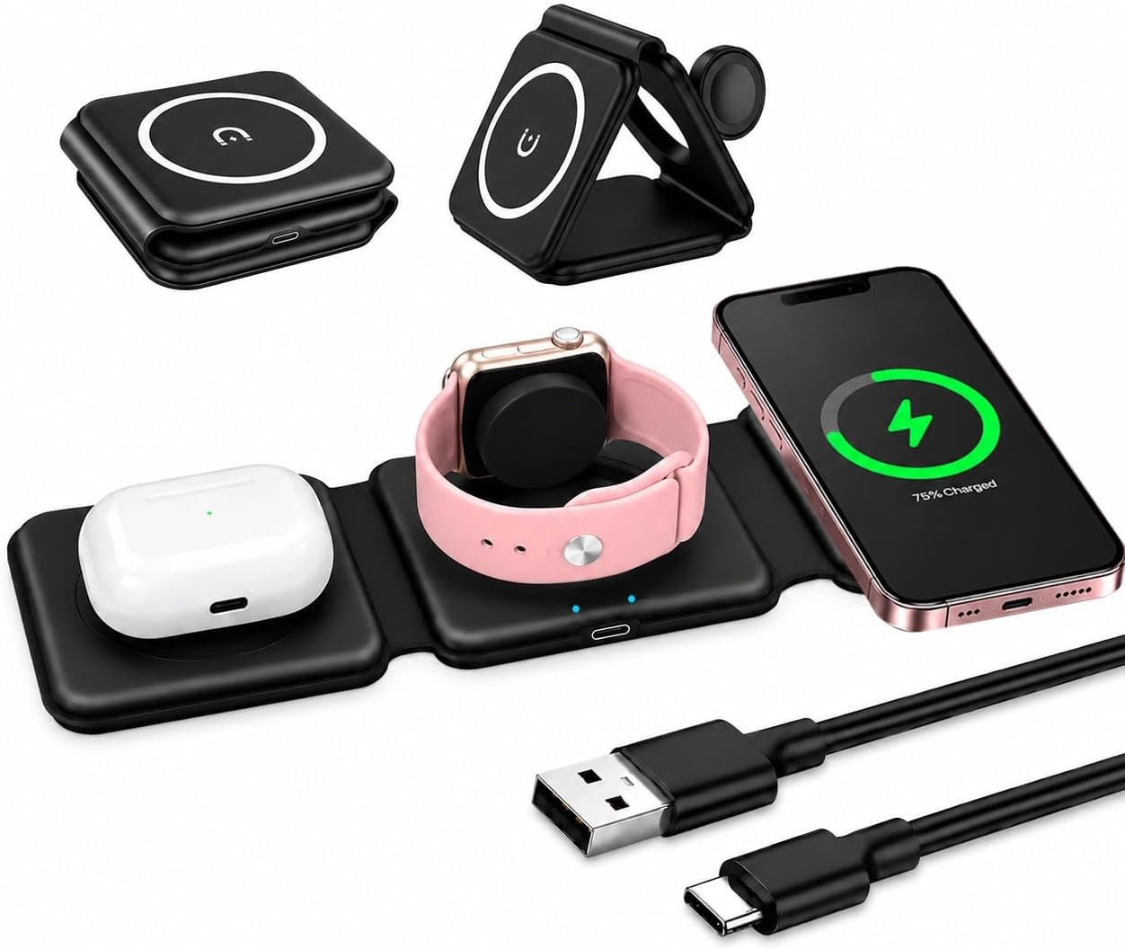 3 en 1 Chargeur Induction pour iPhone Pliable Magnétique Station de Charge | 15W Rapide Chargeur Portable Sans Fil Pour Apple Watch 10/9/8/Ultra/7/6/5/Se, Phone12-17 Série, Mag-Safe AirPods Avec Câble
