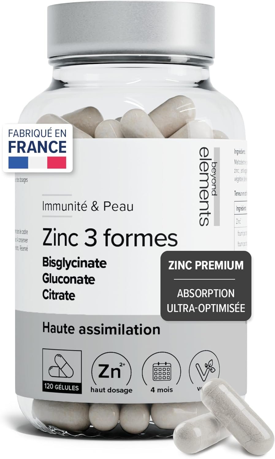 Zinc Triple Forme Haute Absorption - Bisglycinate, Citrate, Gluconate - Haut Dosage 15mg - Immunité, Cheveux, Peau - 120 Gélules - 100% Vegan
