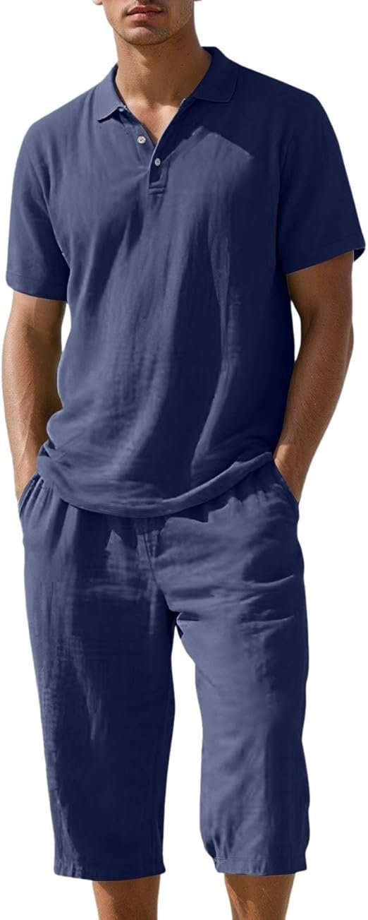 Homme Polo Shirt Manches Courtes et Short Mode 2 Pièce Décontractés Shorts Jogging Fitness Élastique Eté Hommes Casual Coton Et Lin 2 Pièces Mode D'été ConfortableShirt Short 2 Pièces