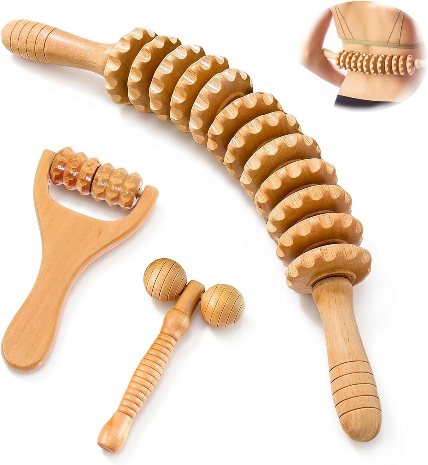 Lot de 3 Rouleaux de Massage en Bois pour Drainage Lymphatique et Anti Cellulite - Outil de Massage Fascia pour le Dos, le Cou, les Jambes - Détente Musculaire et Réduction de la Cellulite