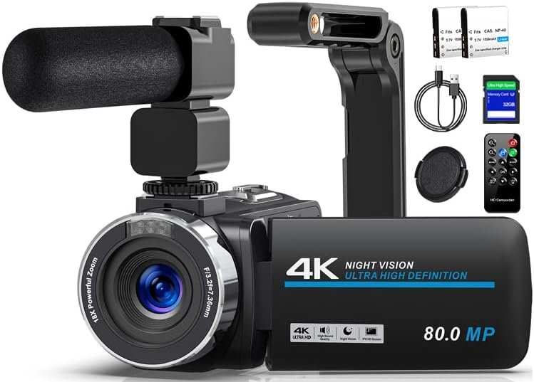 Caméscope 4K 80MP Caméra Vidéo Vision Nocturne Webcam Camera pour YouTube | Vlogging Camera avec Vision Nocturne IR, Zoom Numérique 18X, à Écran IPS 3.0, Carte SD, 2 Piles, Télécommande, Stabilisateur