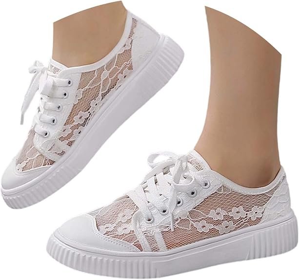 Baskets pour Femme, Blanches, légères, Douces, Blanches, décontractées, Chaussures Plates Tendance et Respirantes, avec Dentelle brodée
