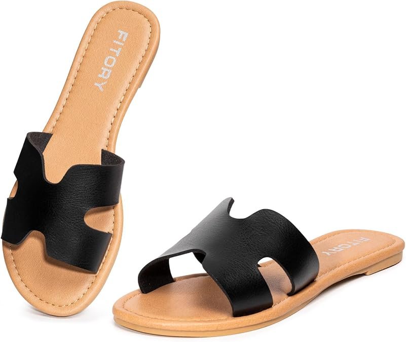 Womens Flat Sandals Comforty En Cuir Habillé Été Slides mignonnes | Plage, Dames, Slip On, Casual, Bureau, Confortable, Tendance, Vacances, Fantaisie, Mode, Affaires, Doux, Élégant, Orteil rond