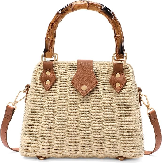 RNIEGA Straw Crossbody Bag for Women Top Handle Summer Purse Vintage Woven Handbag for Beach Travel