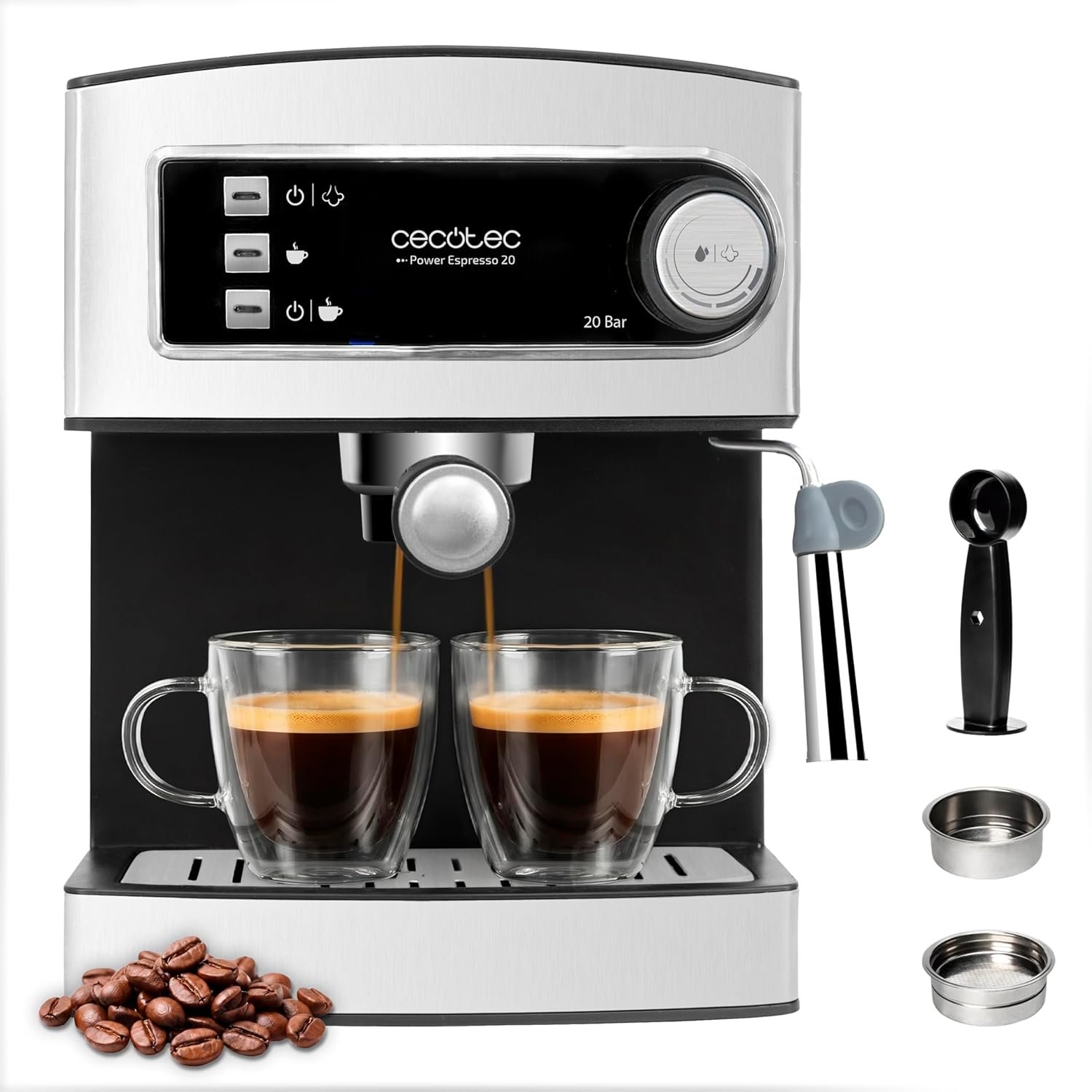 Machine à Café Express Manuelle Power Espresso 20 Elite. 850W, Pression 20 Bars, Réservoir 1,5L, Bras Double Sortie, Mousseur, Surface Chauffe-tasses, Finitions Acier Inoxydable