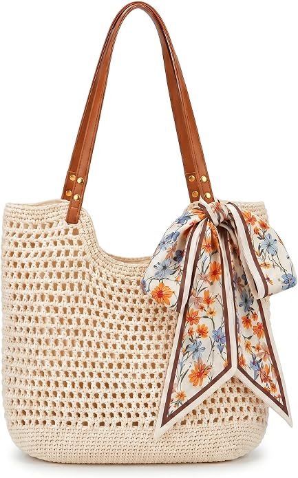 Crochet Beach Tote Bag for Women with Zipper Closure & Lining, Summer Woven Shoulder Bag, Straw Style Boho Vacation Purse
