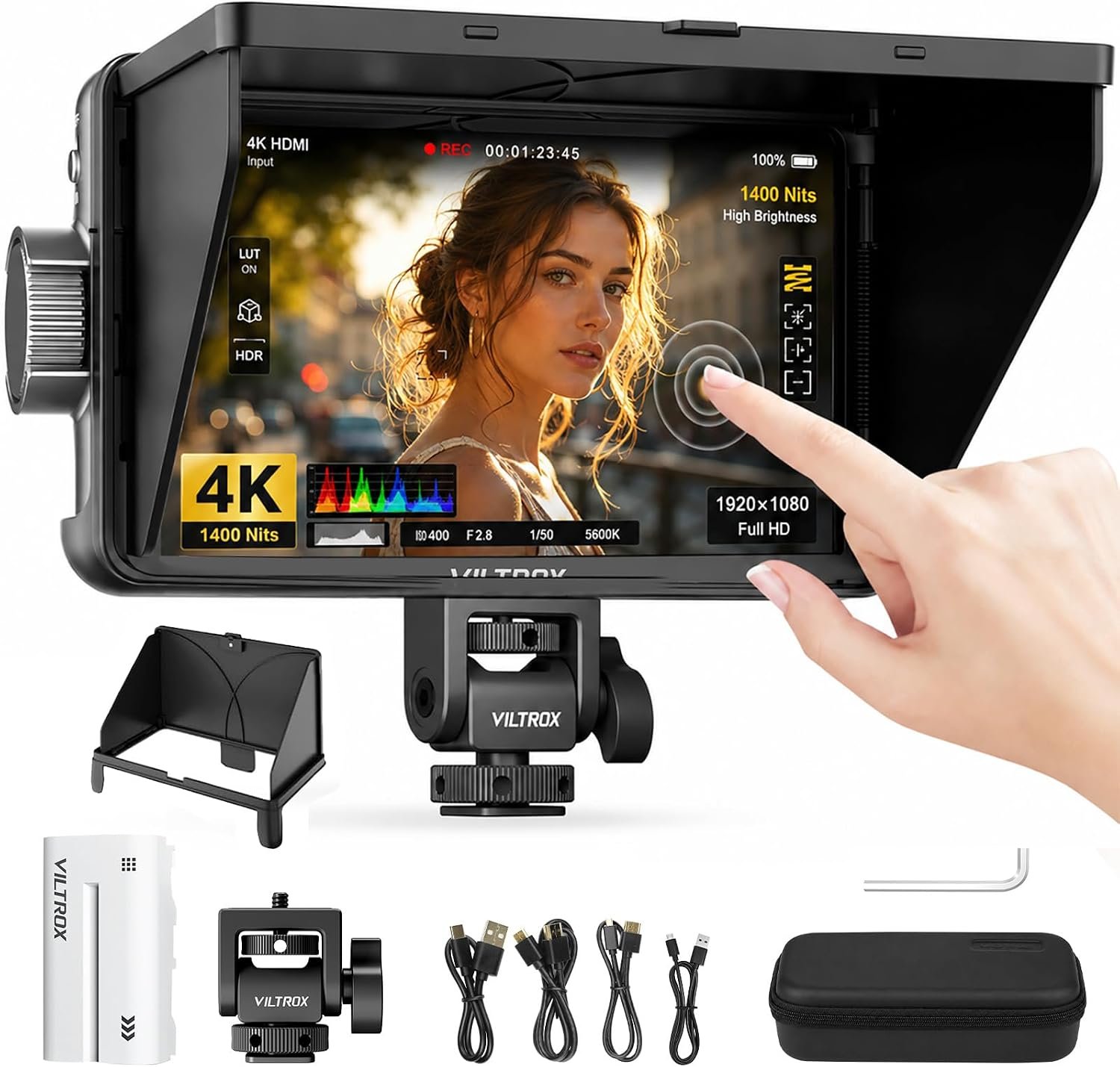 DC-550 Pro II Moniteur de Champ caméra 5,5", écran Tactile IPS 1400nit 1920x1080, HDMI in/Out 4K 60Hz, 3D-LUT, Aide Mise au Point, Onde HDR,Onion Skin, Pare-Soleil, Batterie NP-F