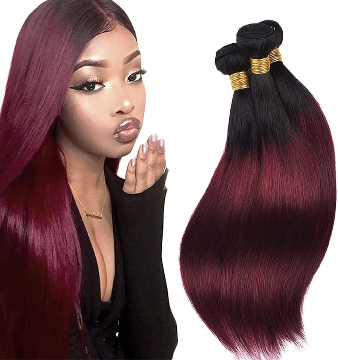 Bundles Human Hair Straight Cheveux Humain Human Hair Extensions Tissage Cheveux Natural Ombre Burgundy Double Weft Unprocessed 3 Bundle 22 24 26 Zoll Couleur #1B99J-S