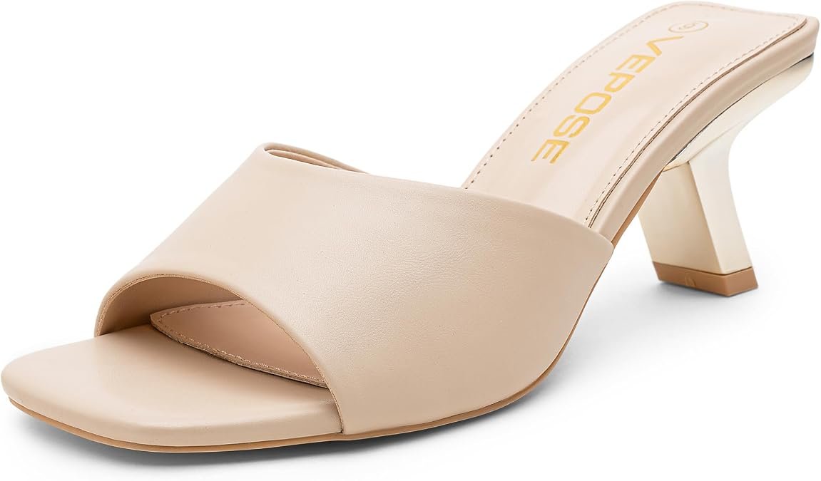 Sandales à talons bas, chaussures à mules à bande simple, design ouvert habillé, élévation d'environ 3 pouces, amortisseur en mousse à mémoire de forme, amortisseur antidérapant, mariages, fête, bureau