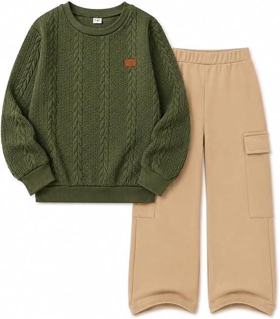 Ensemble 2 pièces pour garçon : sweat à col rond et pantalon cargo à poches (tenue d'automne)