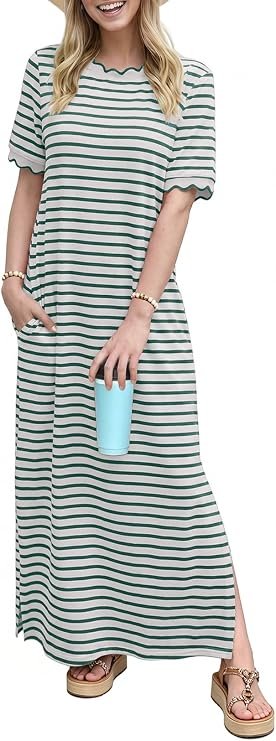 Dokotoo Womens Short Sleeve Crewneck Strip Side Slits T-Shirt Maxi Dresses | Scalloped Sleeve,Beach,Vacation,Cruise Outfits,Spring,Cotton T Shirt Dress,Lightweight,Trendy Casual Long Dress