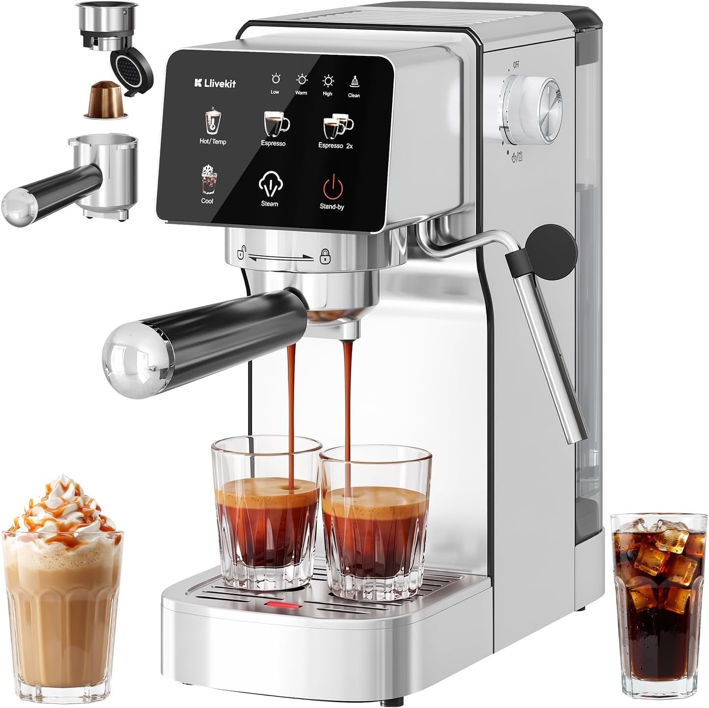 Machine à Café Expresso 20 Bars, Mousseur à Lait Intégré, Extraction Chaude & Froide, Double Mode Capsules/Poudre, Réservoir 1,2L, Écran Tactile LED, Acier Inox