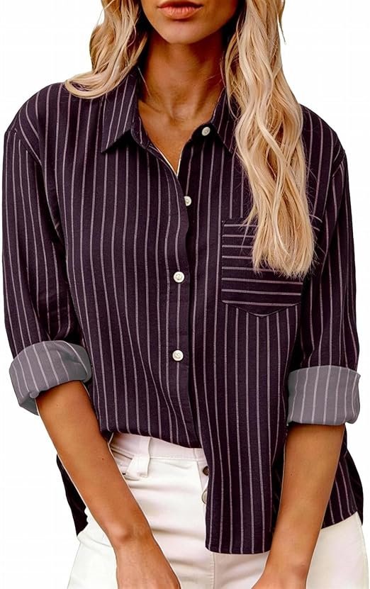 Chemise Femme Rayée Boutonnée Col Classique Manches Longues Revers Poche Poitrine Coupe Ample Blouse Chic Décontractée Bureau Vacances Quotidien Printemps Été Casual