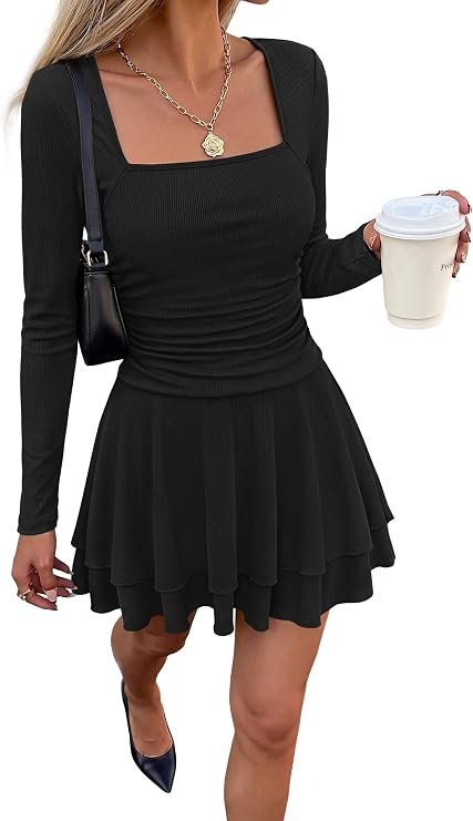 Femmes Automne À Manches Longues Volant Mini Robe 2026 | Sexy Square Neck Layered Hem Robes D'invité De Mariage,Hiver Chaleureux Extensible Tissus Y2K Ruched,Sping Tricot A-Line Court Sundress