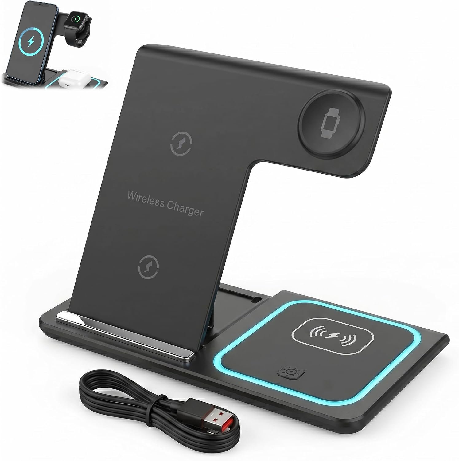 Station Charge 3 en 1, Station Charge Induction Chargeur 3 en 1 Pliable 15 W Montre Casque Compatible iPhone 12 13 14 15 16 17, Apple Watch Séries 3 à 10, Support Réglable avec Veilleuse intégrée