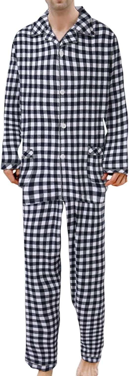 Pyjama Homme Confortable Carreaux Manches Longues Ensemble Loungewear Coton Doux vêtement Nuit décontracté