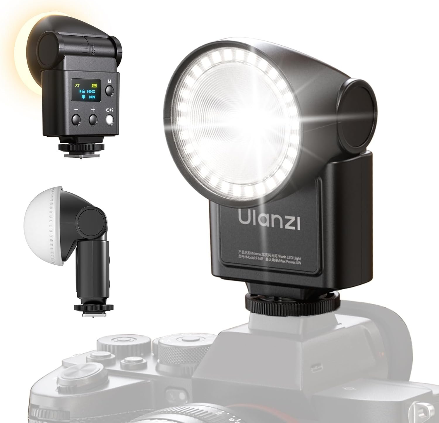 F16R Flash d'Aappareil Photo, GN16 6800K Caméra Speedlite avec Lampe Vidéo&Diffuseur, 7 Niveaux Puissance/90° Inclinaison/550 Flashs Max Puissance, Sabot à Contact Unique pour Sony Canon Nikon