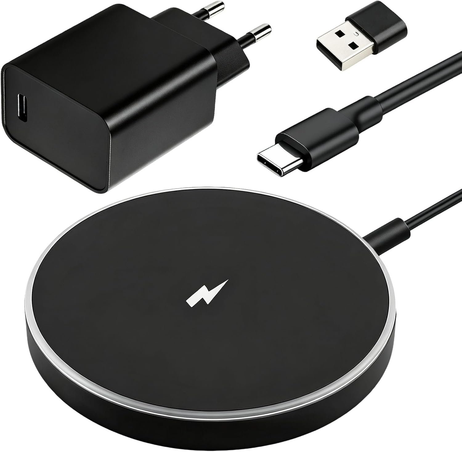 Chargeur sans Fil Magnétique 15W pour iphone Compatible avec MagSafe | Station de Charge Chargeur sans Fil Rapide pour iPhone et Air Pods avec Adaptateur PD 20W et Câble USB C 1m Noir