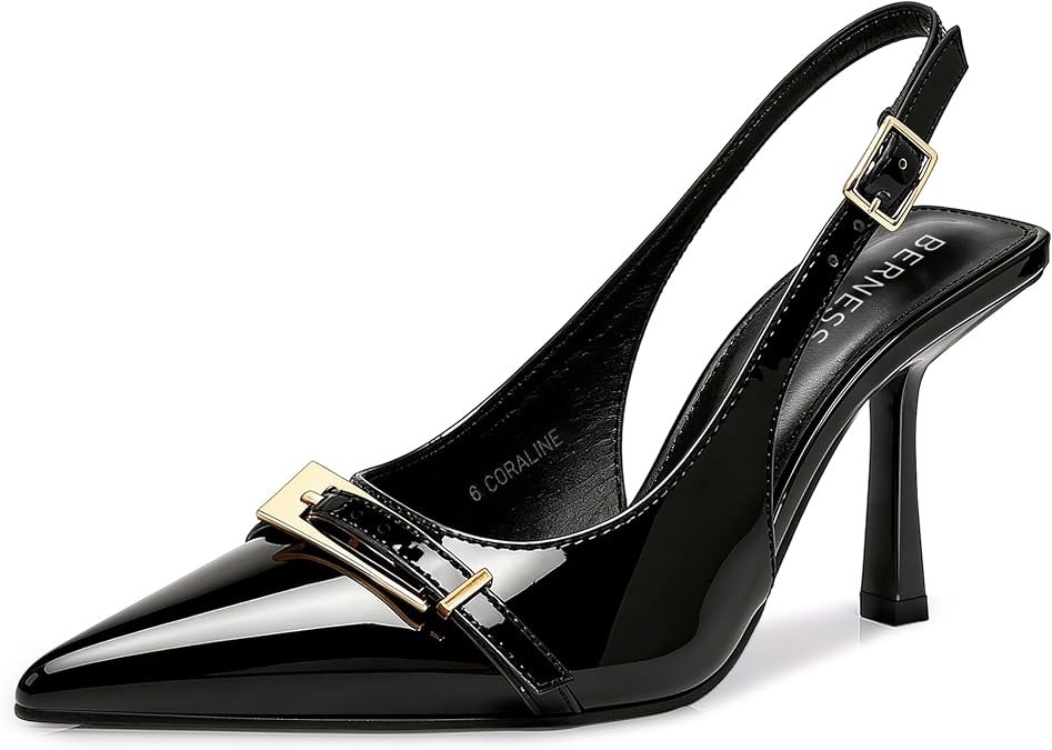 Talons pour chaton Slingback pour femme Brevet en cuir Stiletto Pointed Toe Pumps | 3.5 pouces, Orteil fermé, Bracelet à boucle, Sandales, Rencontres, Mariée, Mariée, Fête, Formelle, Chaussures de travail, Vêtements toute la journée, Élégant