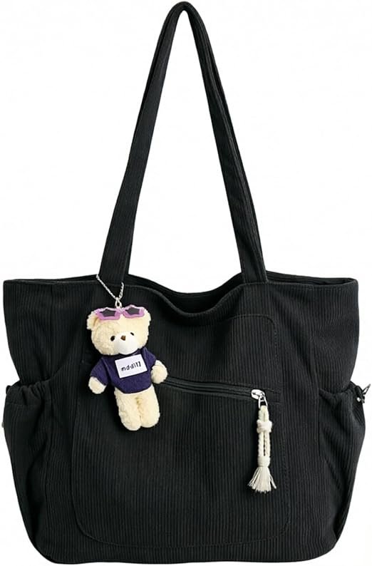 Tote Bag Fermeture Eclair Velours Côtelé, Portable Sac Fourre Tout Femme, Grand Sac de Plage avec 3 Petites Poches, 35 × 15 × 30 cm Sac Cabas Courses Blanc, pour Voyages, Courses, Déplacements