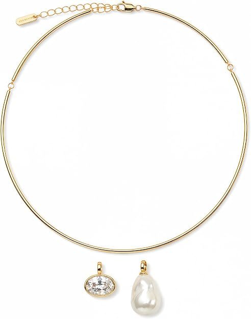 Collier en collier d'or pour les femmes, style de manchette avec pendentifs amovibles CZ et perle baroque, choker de fil de plaqué or 14K, bijoux de collier ouvert pour date Nuit