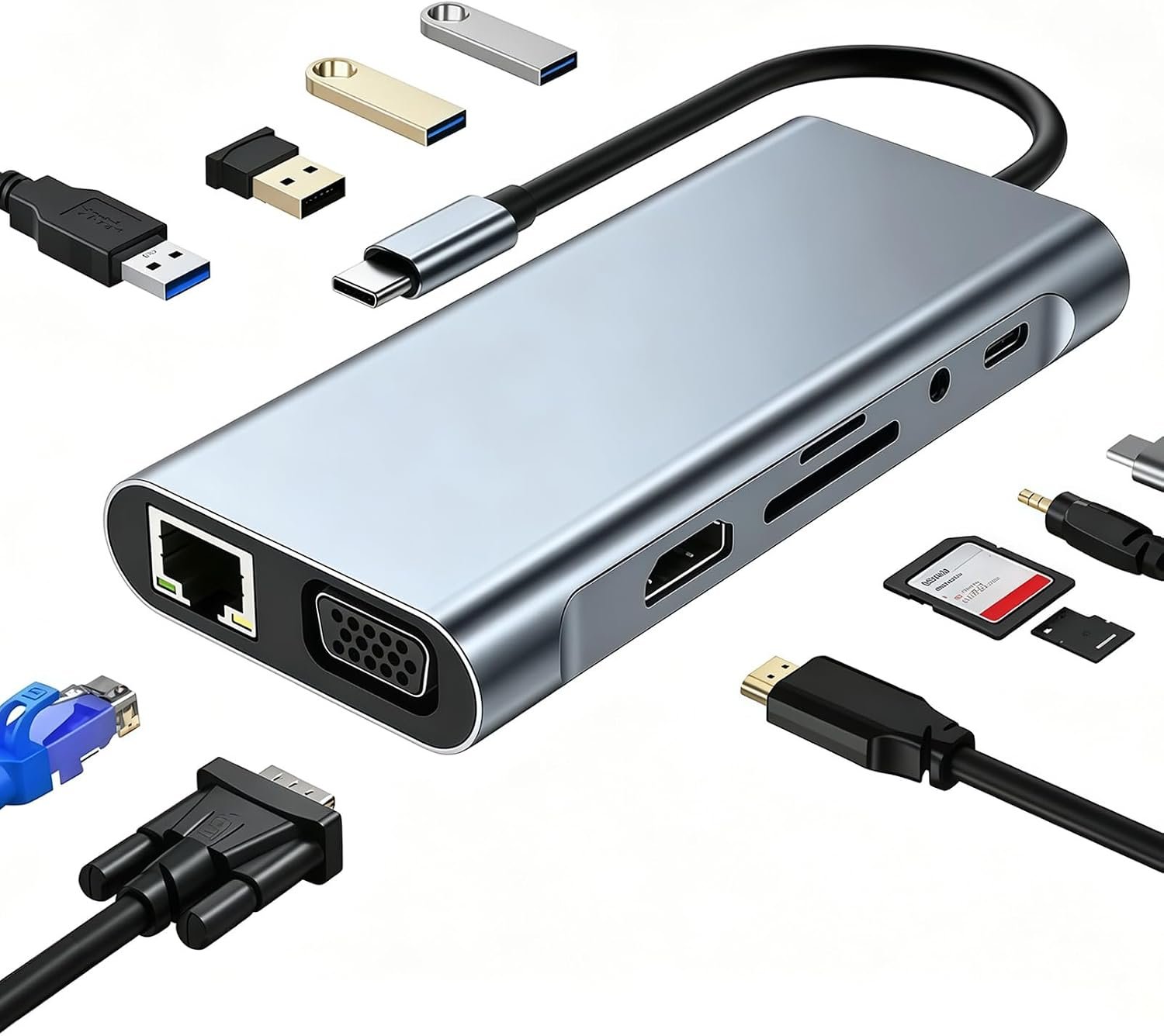 Station d'accueil USB C 11-en-1 HDMI VGA Ethernet PD SD TF 4USB Audio 3,5mm | Moyeu USB C HDMI, Adaptateur USB Ethernet pour MacBook Air pour Dell pour HP pour Surface PC Portable