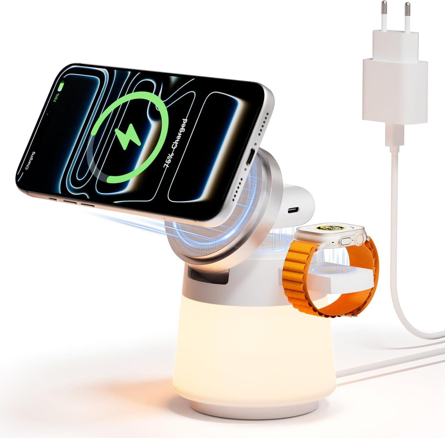 4 en 1 Station de Charge pour a-pple Chargeur Induction veilleuse | Compatible Apple-Watch/Air-Pods, Aimant Intégré, Nuit Lumineuse Parfait pour Bureau, Chambre