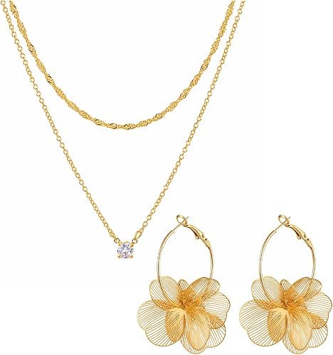 Women Collier Boucles d'oreilles Ensemble de bijoux, CZ Pendentif Double Collier et grande déclaration Fleur Hoop Drop Boucles d'oreilles