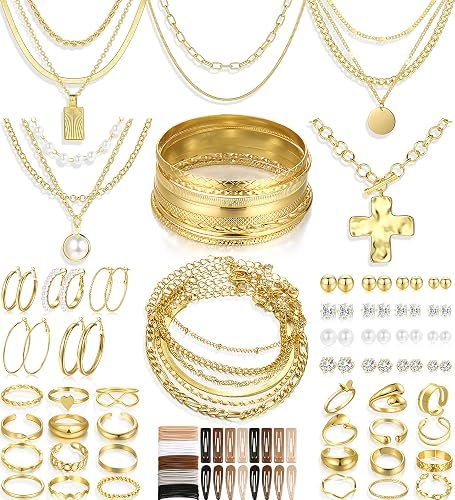68 Pcs Gold Jewelry Set for Women with 7 Necklace, 17 Bracelet, 5 Hoop Earrings, 15 Stud Earrings, 24 Knuckle Rings for Women Jewelry Set for Women Gift