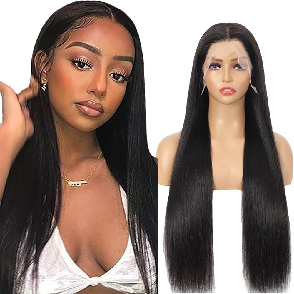Perruque Femme Naturelle 13x1 Lace Front Wig Straight Human Hair Wig Perruque Sans Cheveux Humai 180% Density Pre Pluck Colle Couleur Natural Black 28 Pouces Couleur #1B-ST-13x1