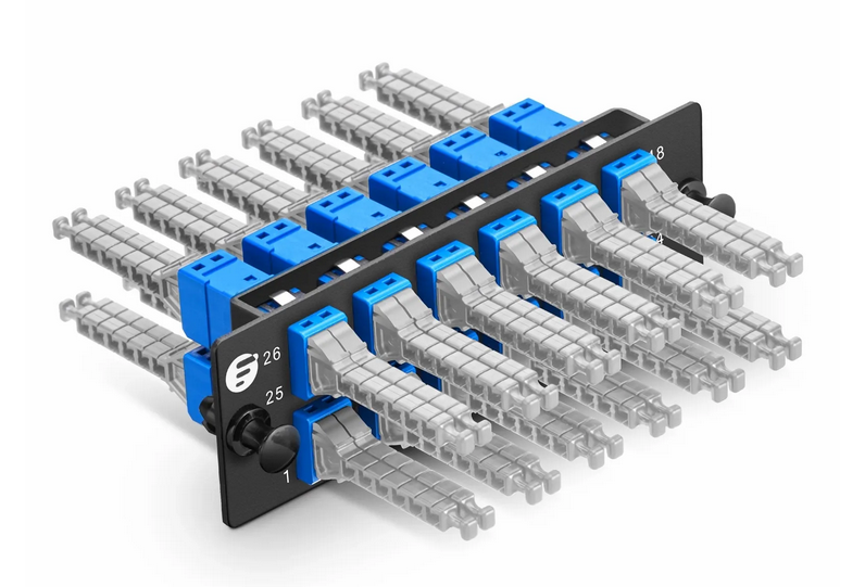 Panneau Adaptateur Fibre FHD®, 48 Fibres OS2 Monomode, 12 Adaptateurs Duplex MDC UPC 2 Ports (Bleu), Manchon en Céramique