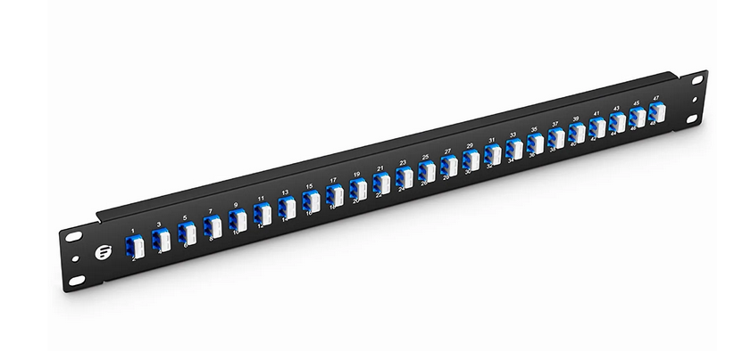 Panneau d'Adaptateur à Fibre Optique FHU® 1U 19", 48 Fibres OS2 Monomode et 24 Ports Adaptateurs LC UPC Duplex (Bleu)