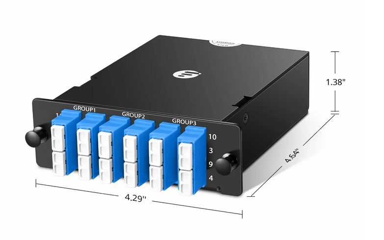 Cassette FHD® MTP®-LC, Monomode OS2, Universelle, 24 Fibres, 3 x MTP®-8 (Mâle) vers 6 x LC Quad (Bleu), 0,35 dB Max