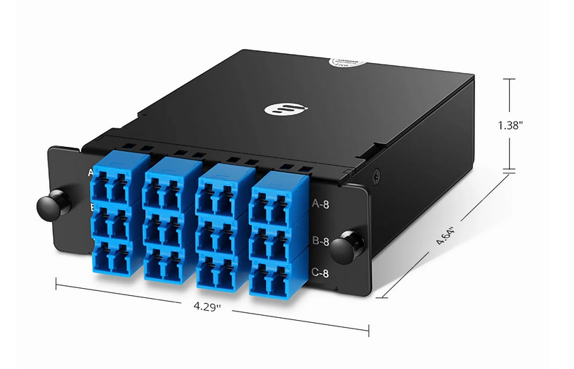 Cassette FHD® MTP®-LC, OS2 Monomode, Universelle, 24 Fibres, 3 x MTP®-8 (Mâle) vers 12 x LC Duplex à Obturateur (Bleu), 0,35 dB Max