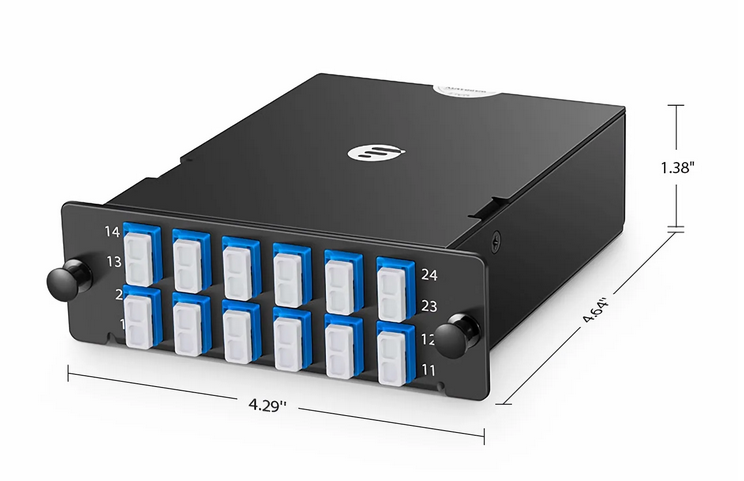 Cassette FHD® MTP®-LC, OS2 Monomode, Type A, 24 Fibres, MTP®-24 (Mâle) vers 12 x LC Duplex (Bleu), 0,35 dB Max