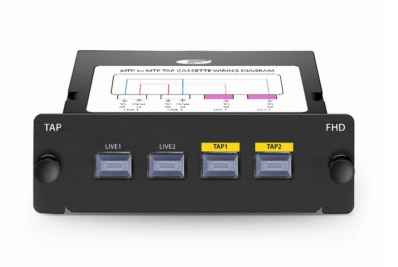 Cassette TAP Fibre FHD®, OM4 Multimode, 2 Ports Directs Mâles MTP®-12, 2 x MTP®-12 Ports TAP Mâles, Rapport de Division 50/50 (Direct/TAP), 40/100G
